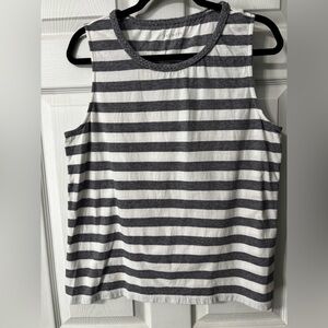 TALBOTS Top Shirt Sleeveless Sz Large WHITE NAVY BLUE STRIPED Braided Detail